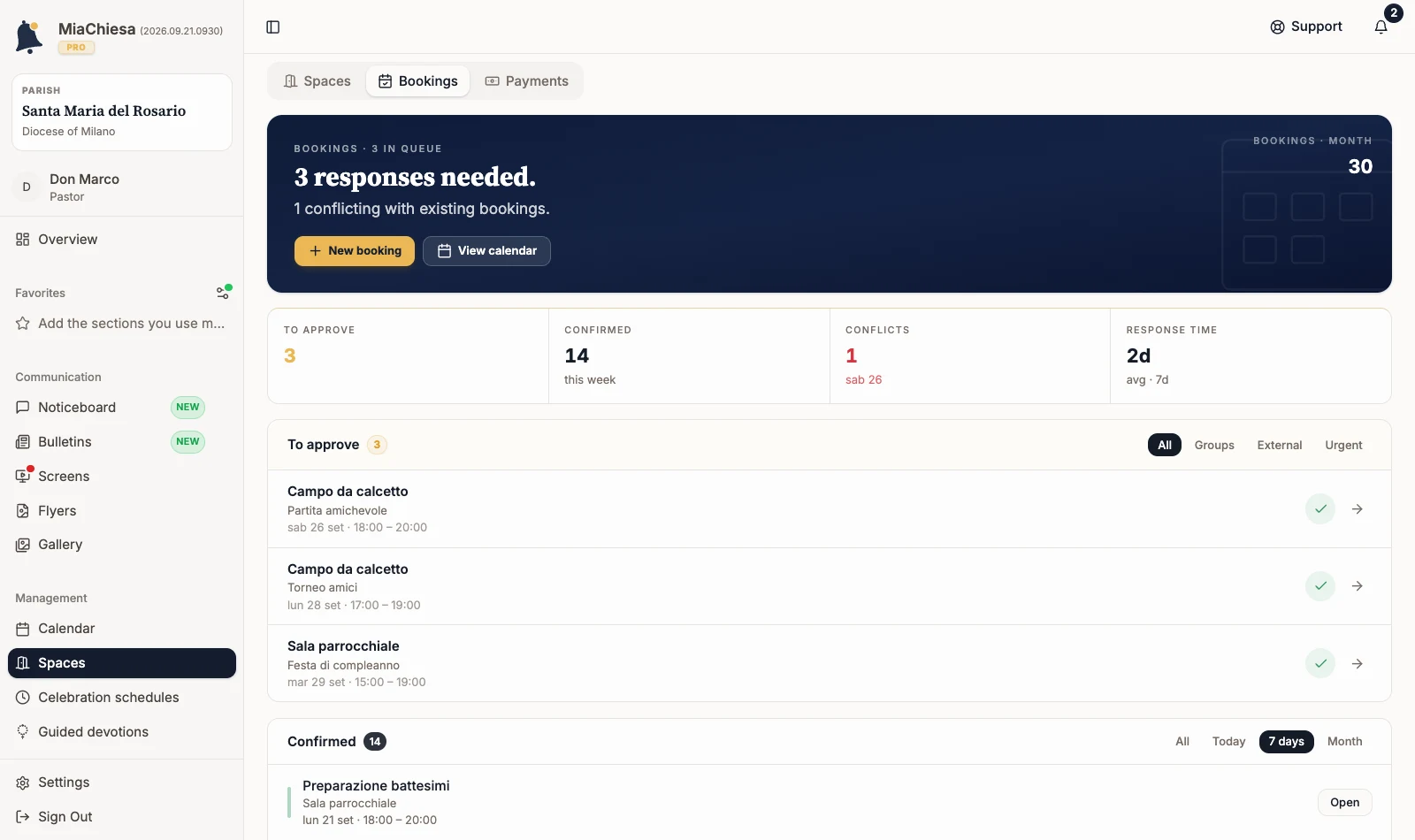 Bookings page with queue, indicators and operational sections