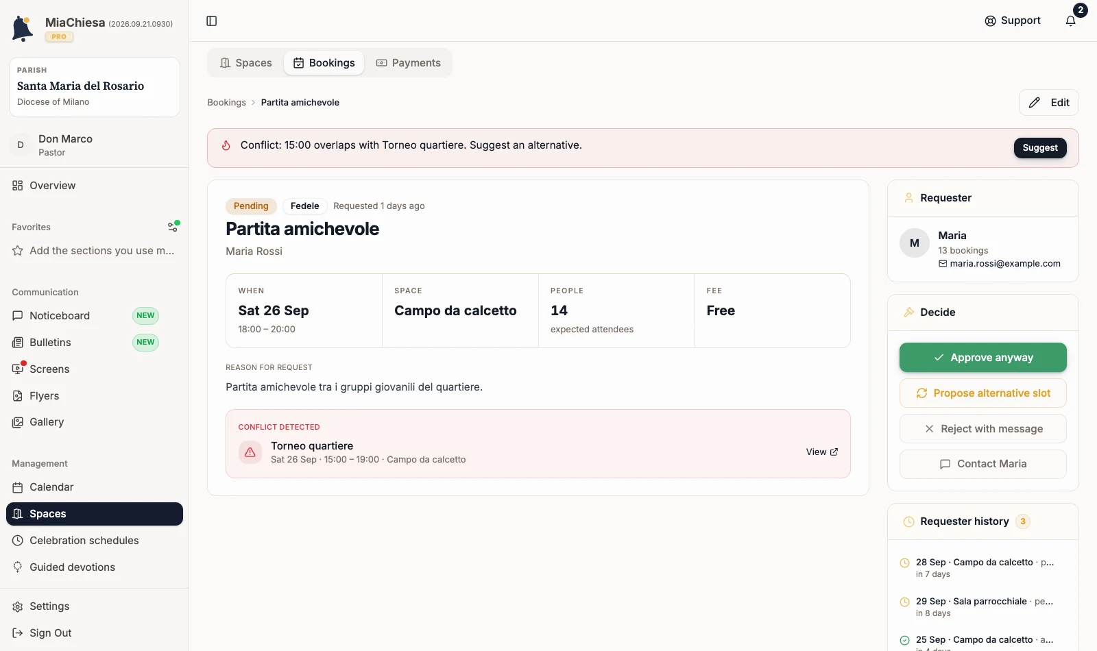 Partita amichevole request details
