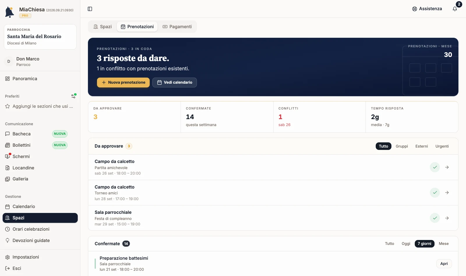 Pagina Prenotazioni con coda, indicatori e sezioni operative
