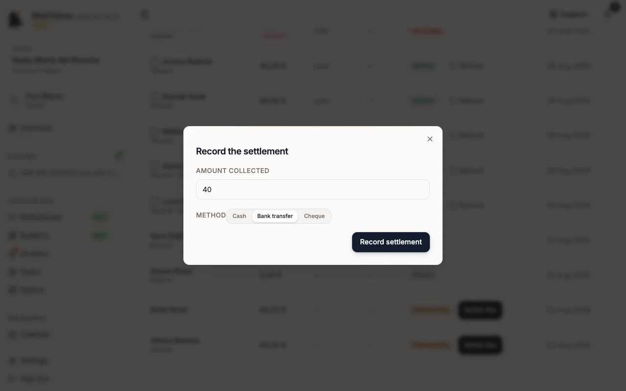 Record the settlement window with Bank transfer selected