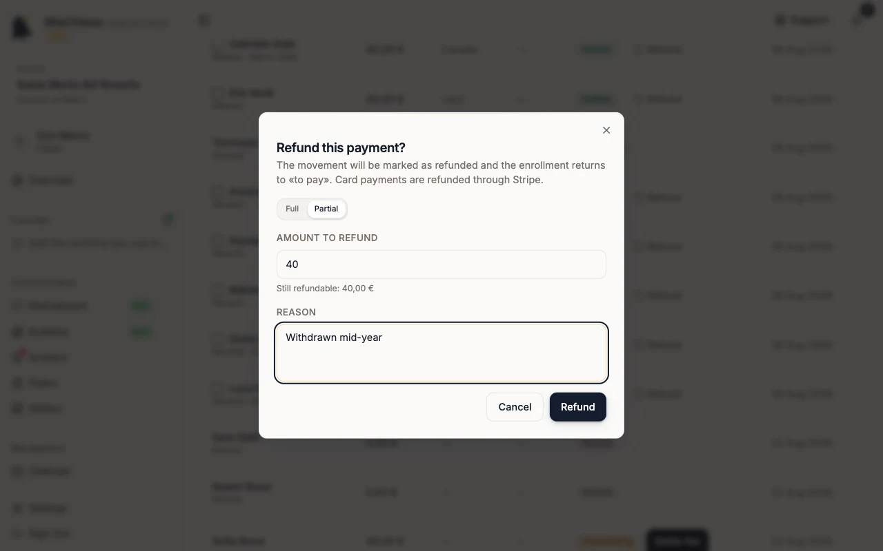 Refund this payment? window with a Partial refund