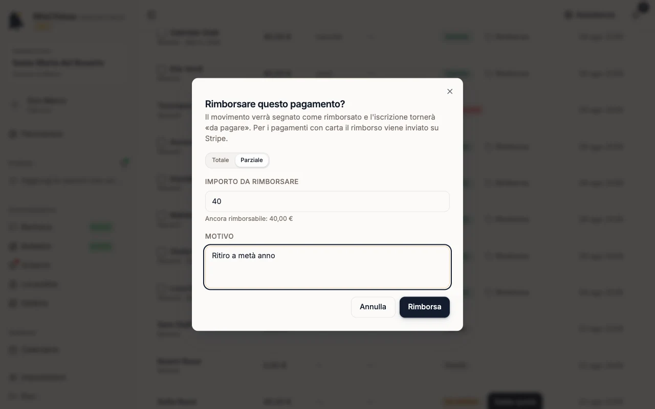 Finestra Rimborsare questo pagamento? con rimborso Parziale