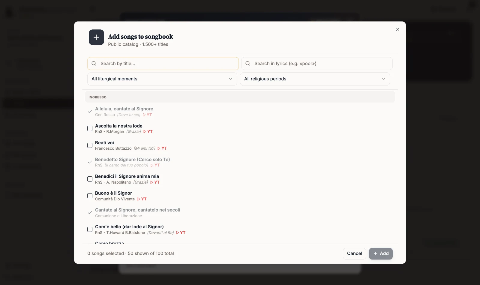 Catalog for adding songs to the songbook
