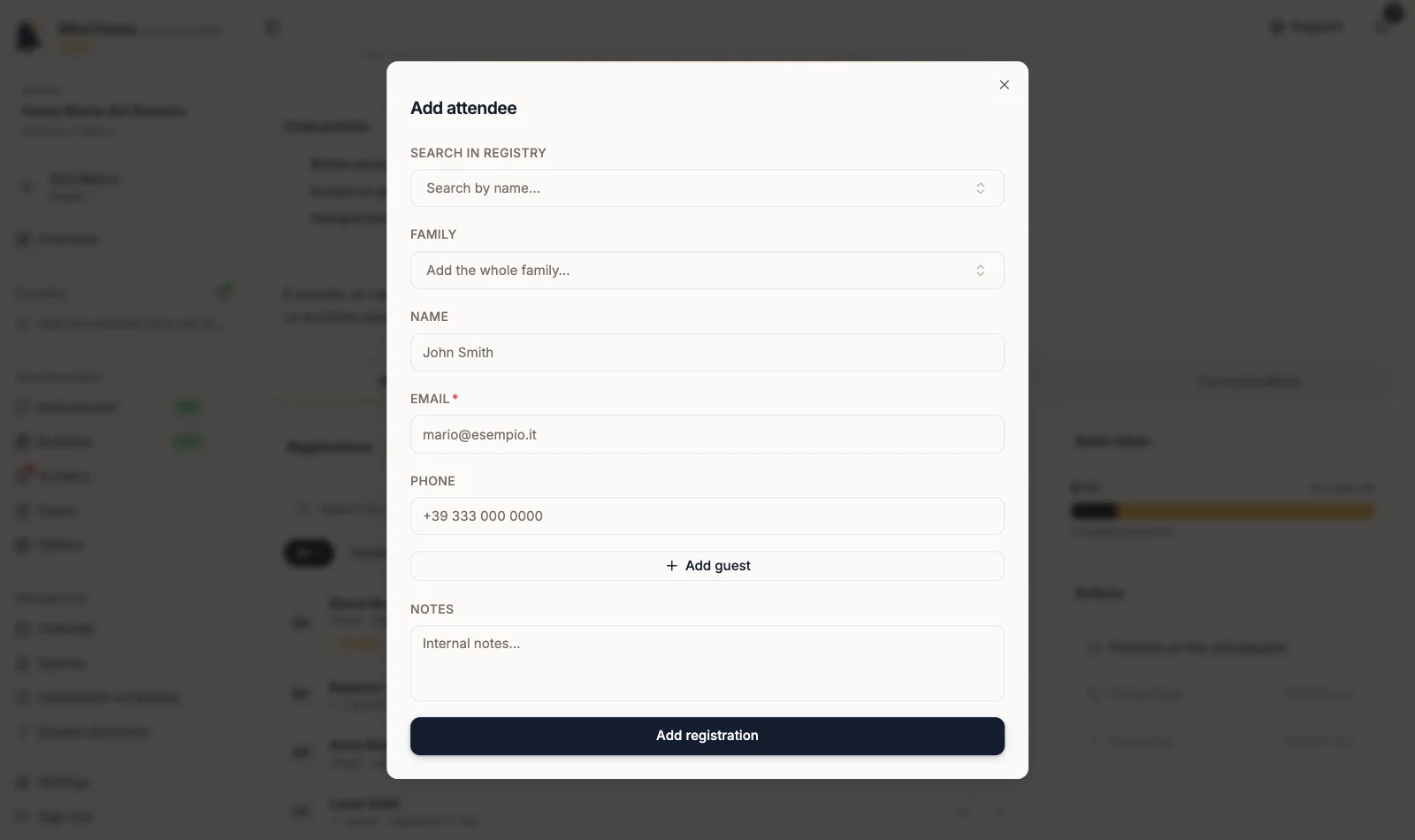 Add attendee dialog with the Add registration button