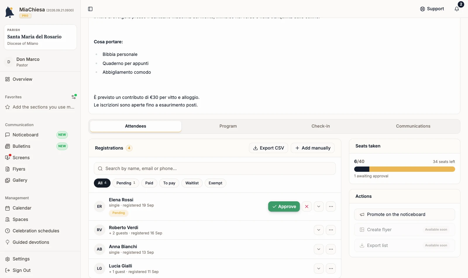 Event registrations with the Pending filter