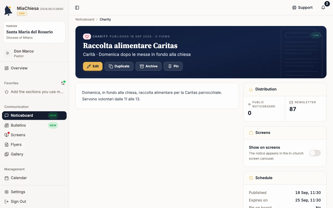 Live notice page with the Archive command