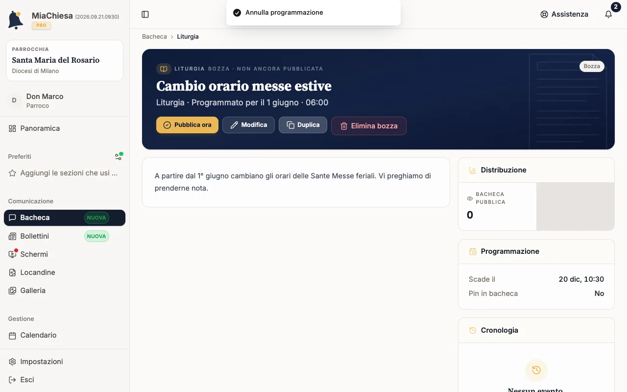 Comunicazione tornata in bozza con i comandi Pubblica ora ed Elimina bozza