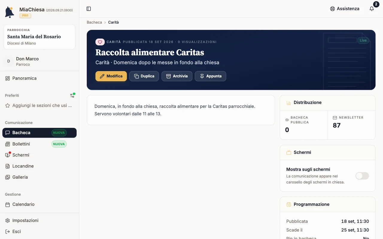 Pagina di una comunicazione Live con il comando Archivia