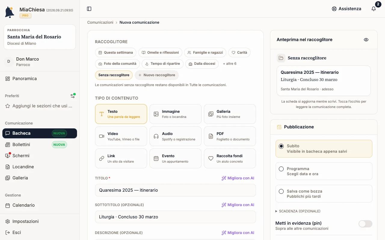 Editor Nuova comunicazione con il titolo copiato