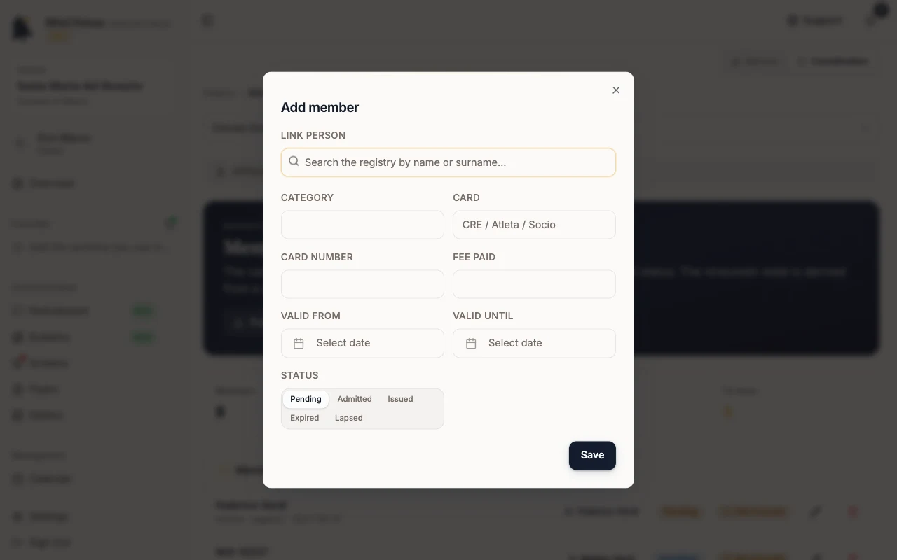 Dialog for adding a member and membership card