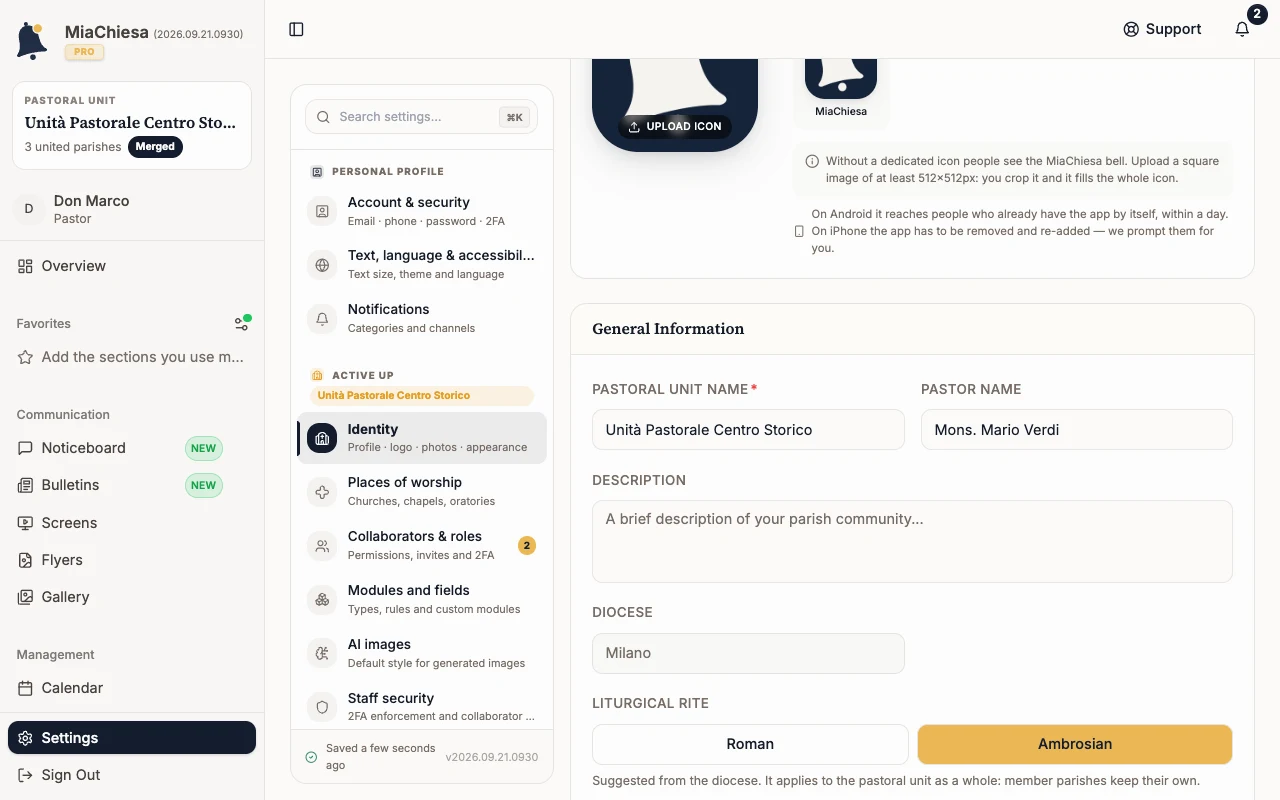 Pastoral-unit Identity settings with Pastoral Unit Name, Pastor Name and Description fields