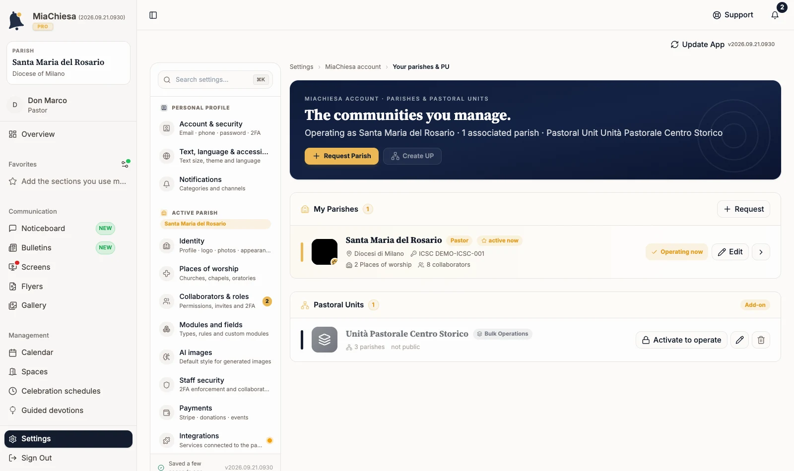 The communities you manage page with associated communities and Pastoral Units