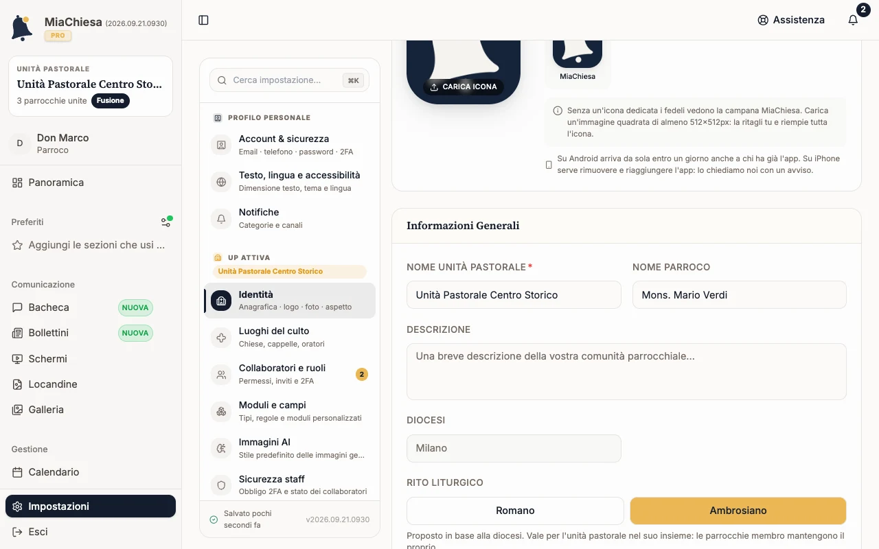 Impostazioni Identità dell’unità pastorale con i campi Nome Unità Pastorale, Nome Parroco e Descrizione