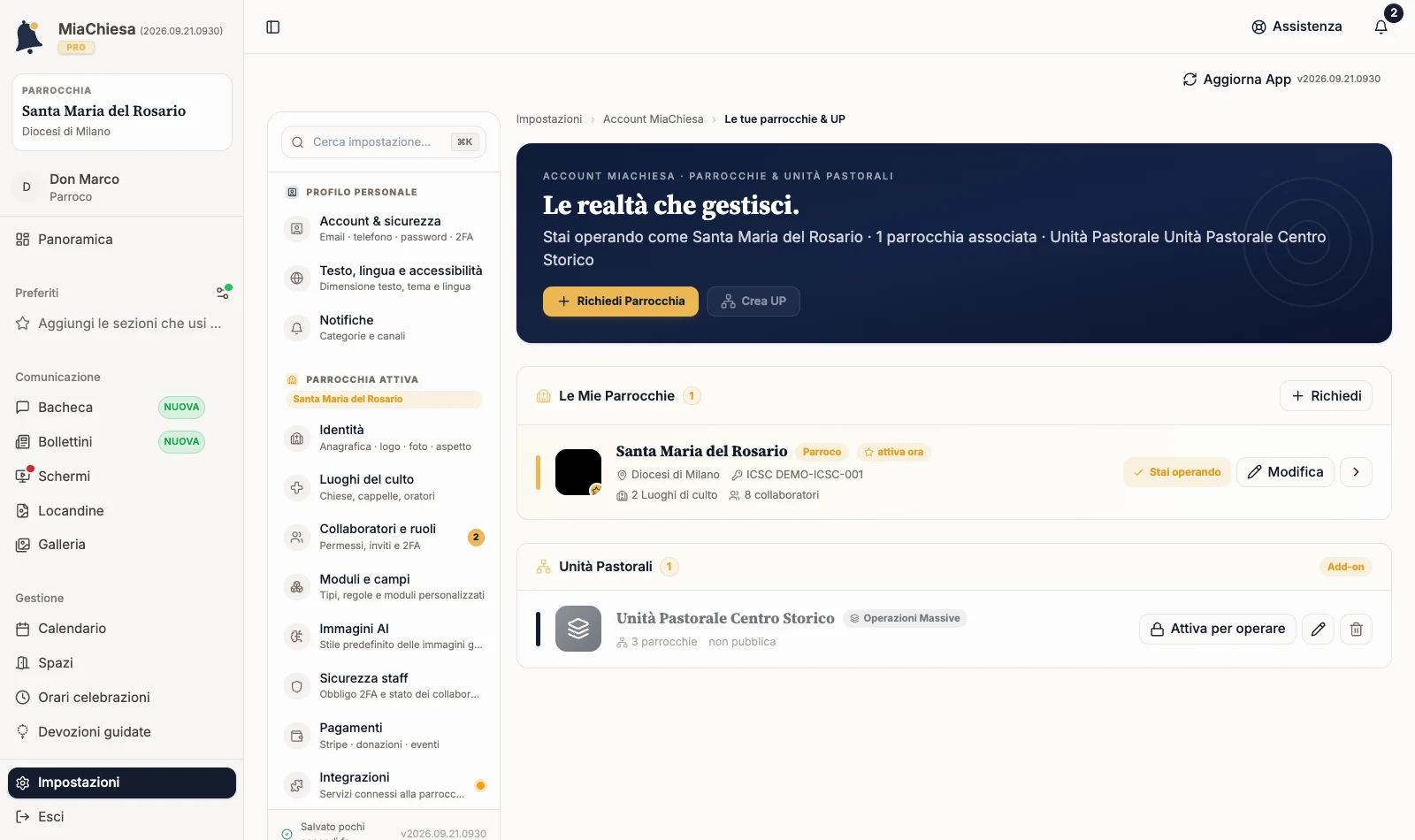 Pagina Le realtà che gestisci con comunità associate e Unità Pastorali