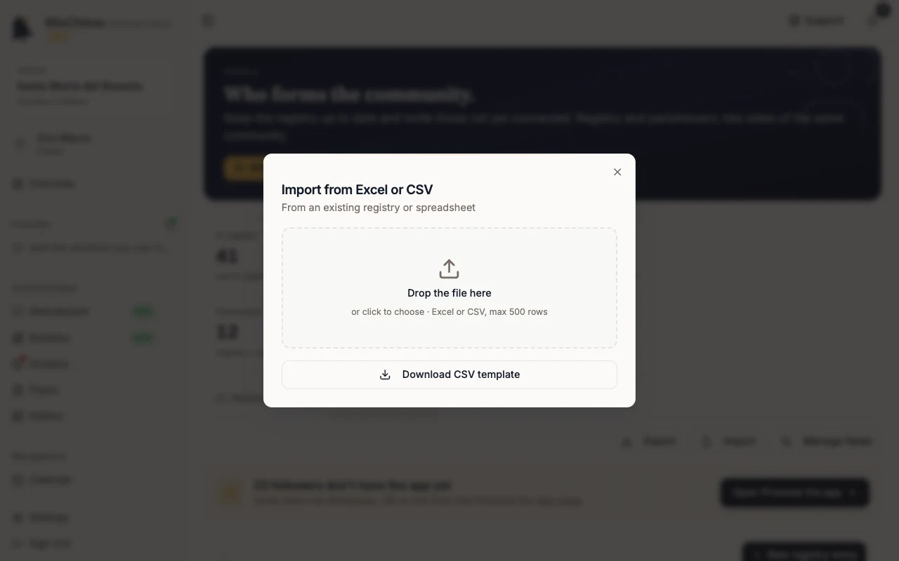 Import from Excel or CSV dialog with Download CSV template
