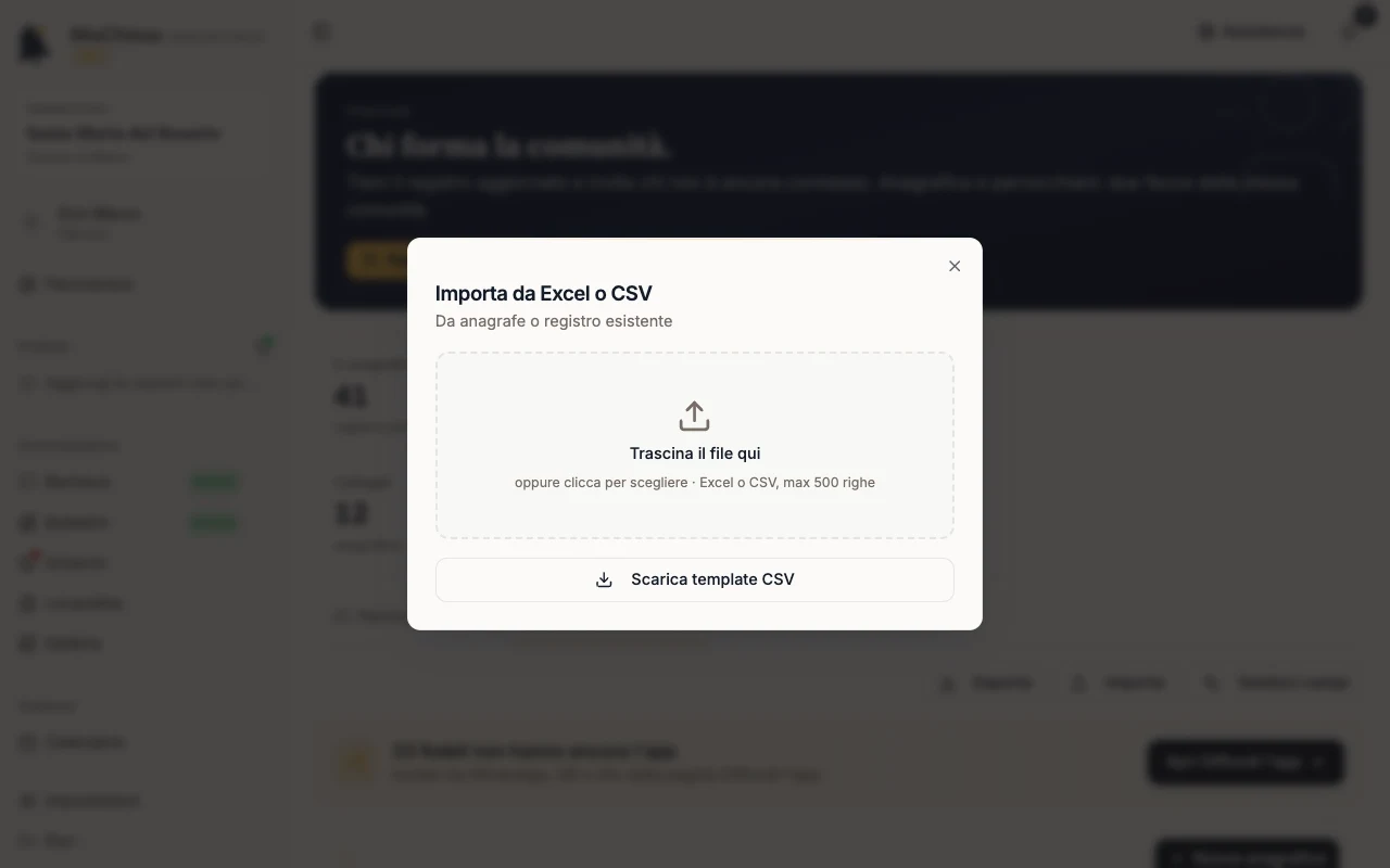 Finestra Importa da Excel o CSV con Scarica template CSV