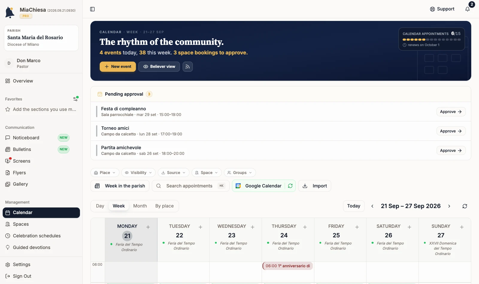 Staff calendar with the Import control in the toolbar