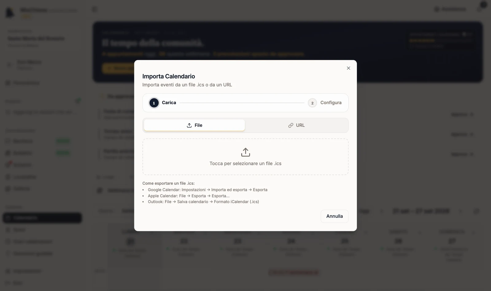 Finestra Importa Calendario nella fase Carica con le schede File e URL