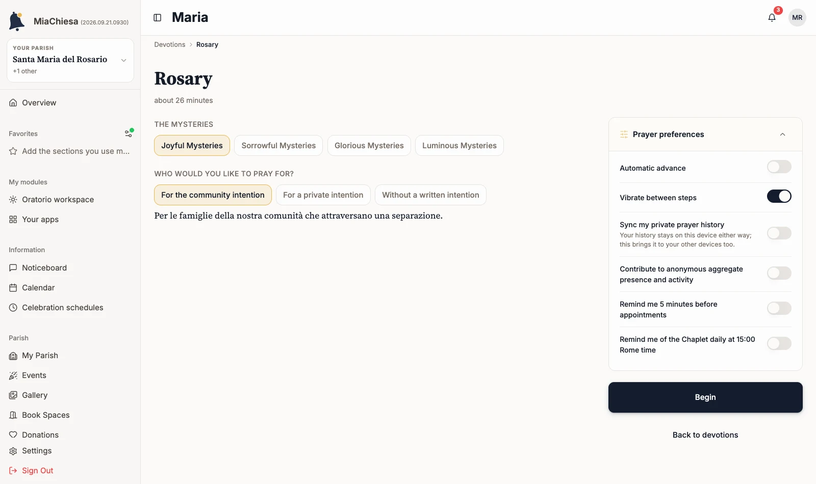Open Prayer preferences panel