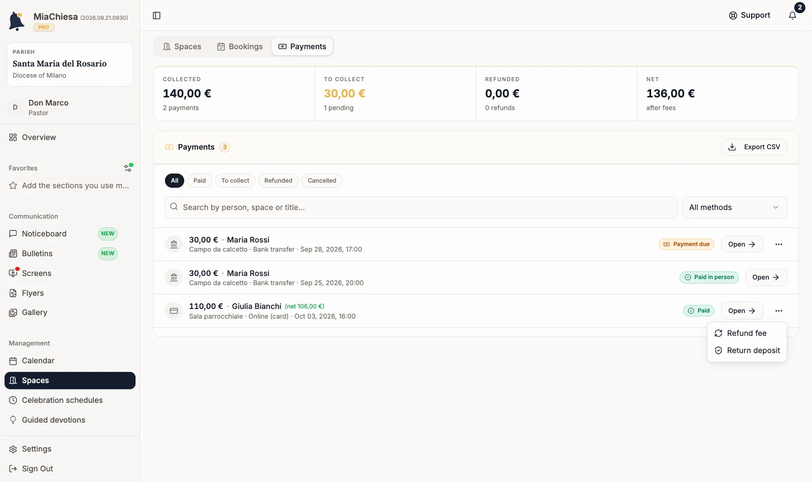 Menu of a booking paid online with Refund fee and Return deposit