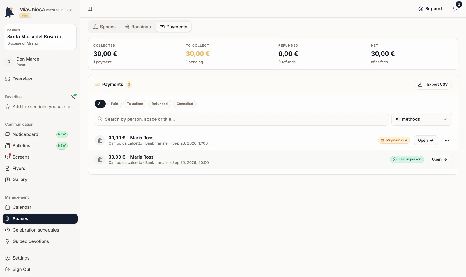 Space Payments page with a booking marked Payment due