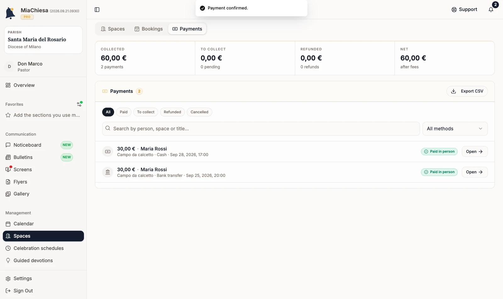 Payment confirmed. message on the Payments page
