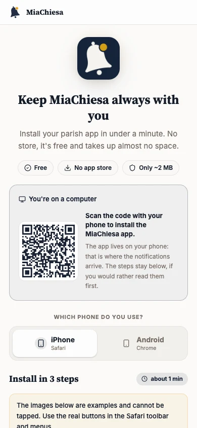 Install MiaChiesa and enable notifications: Choose your device
