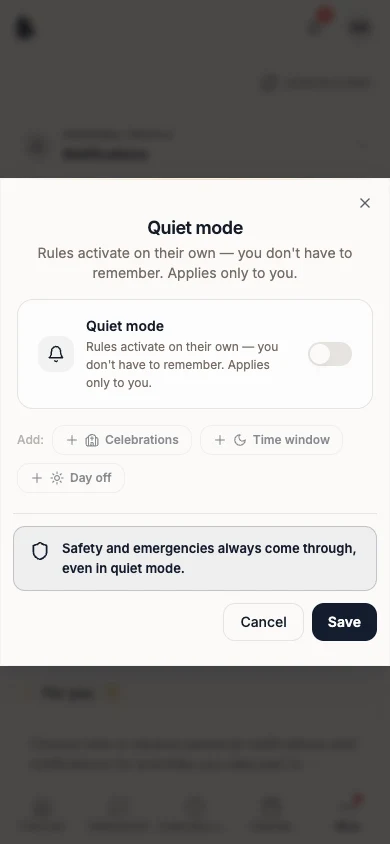 Quiet mode dialog with personal notification rules