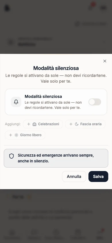 Dialogo Modalità silenziosa con le regole personali di notifica