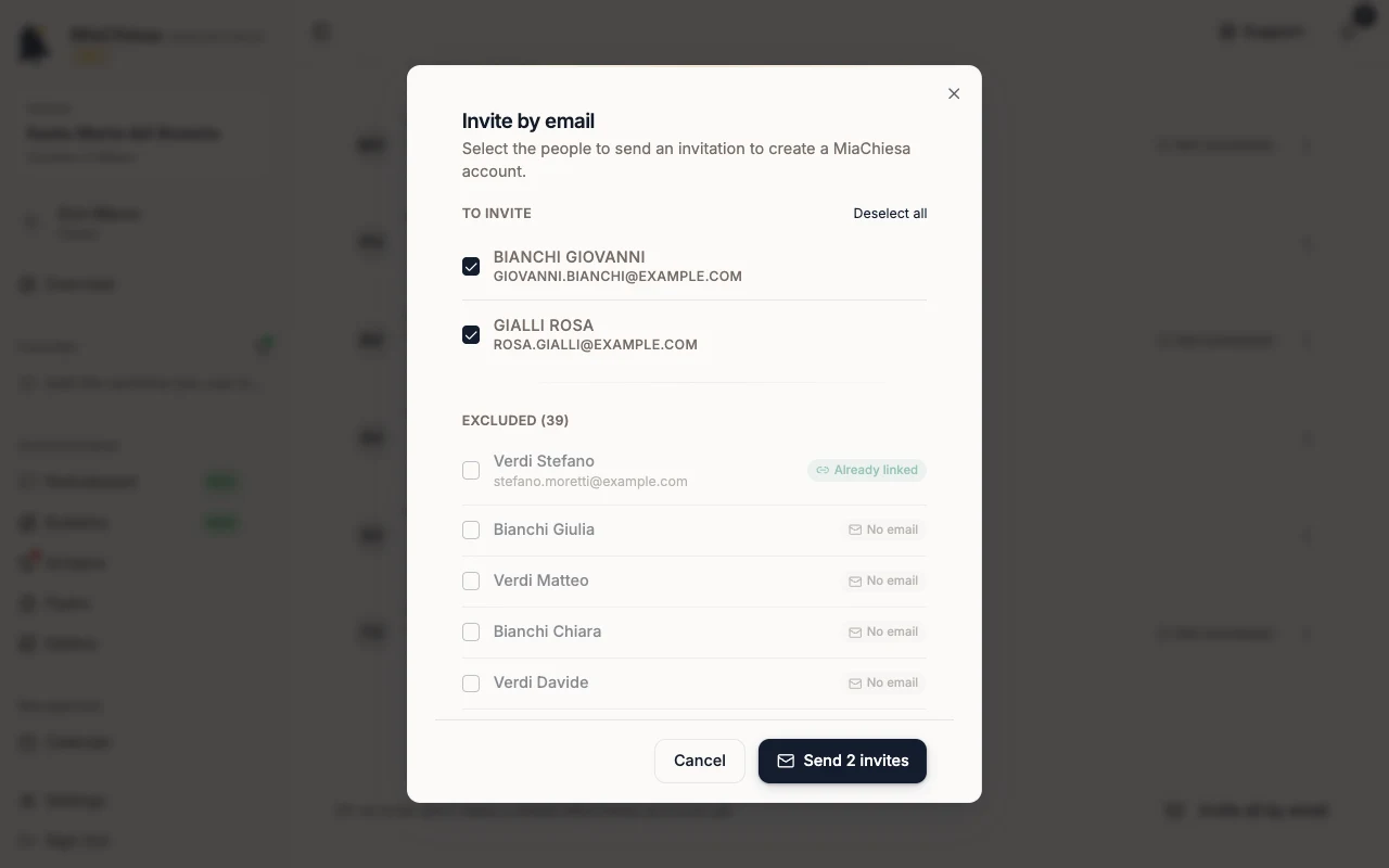 Invite by email dialog with the Send 2 invites button