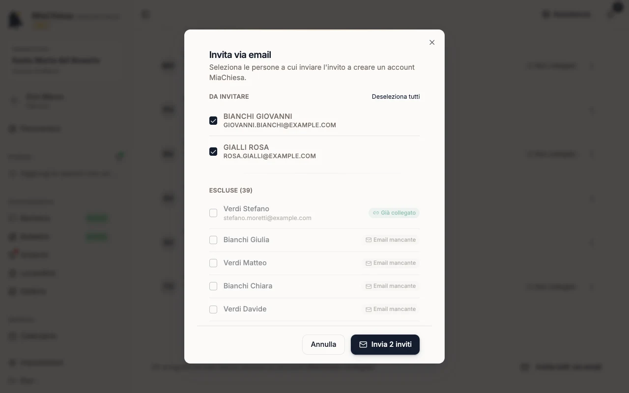 Finestra Invita via email con il pulsante Invia 2 inviti