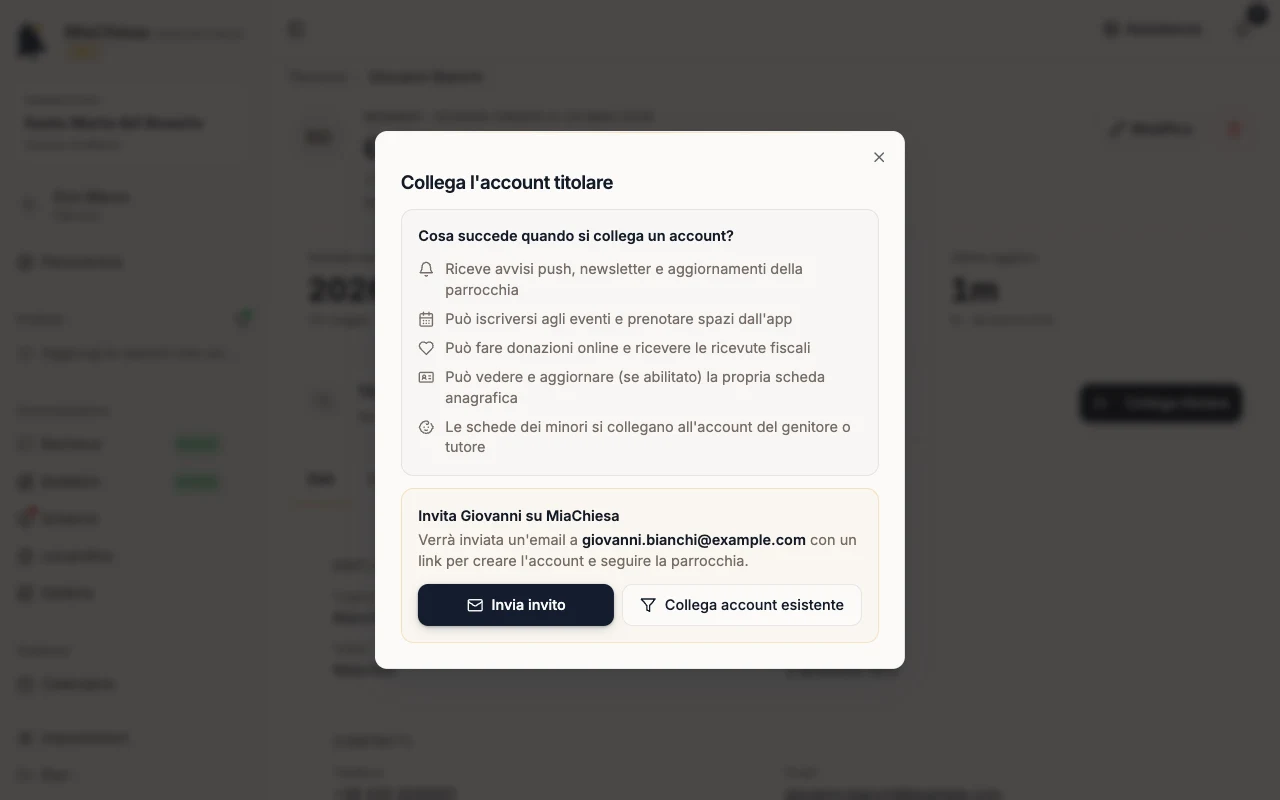 Finestra Collega l’account titolare con il pulsante Invia invito
