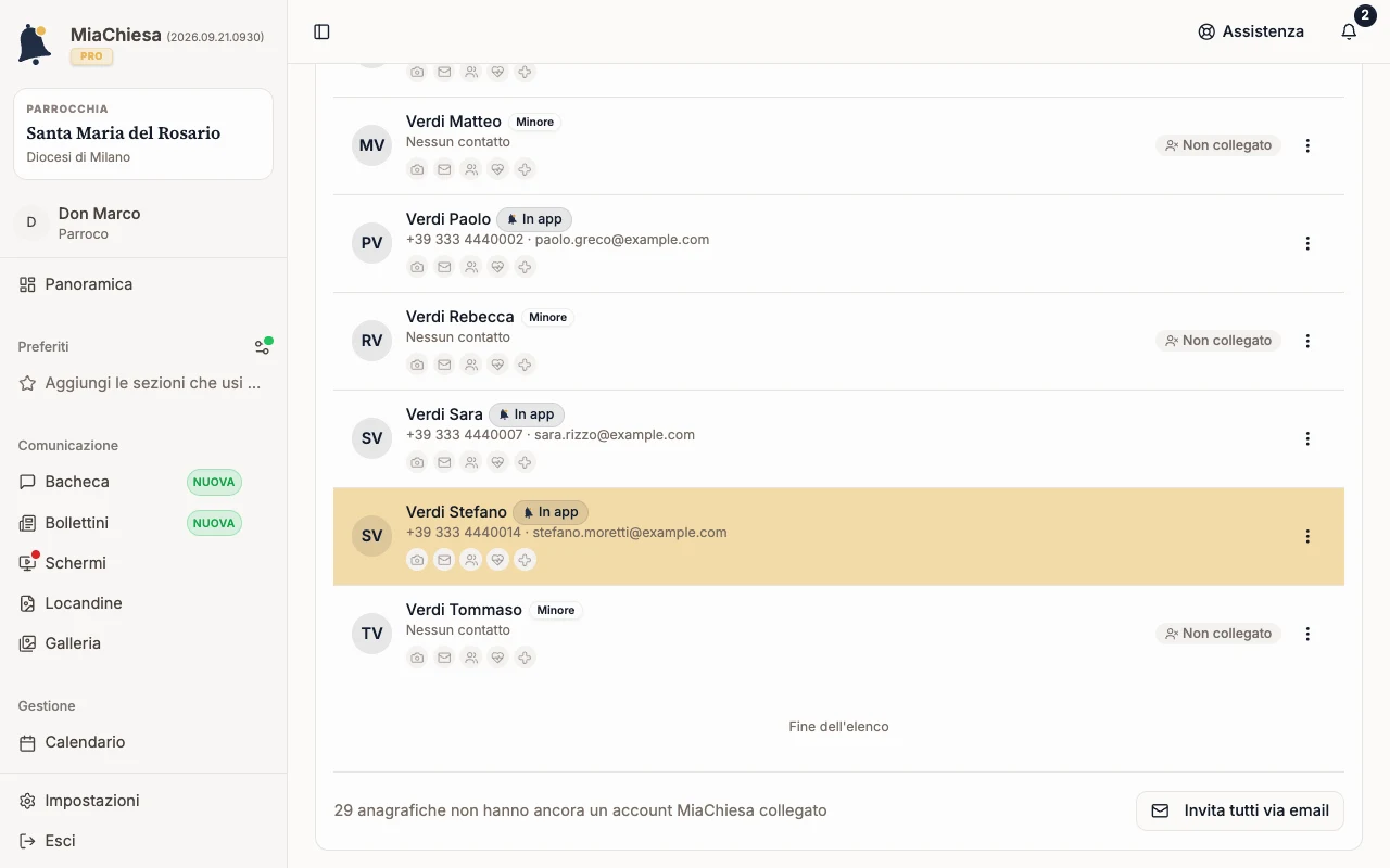 Fondo dell’elenco anagrafiche con Invita tutti via email