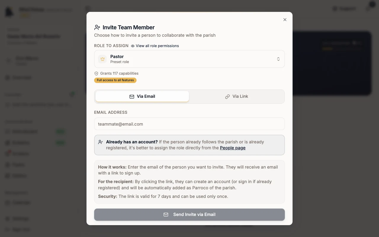 Invite Team Member dialog with the Role to assign field