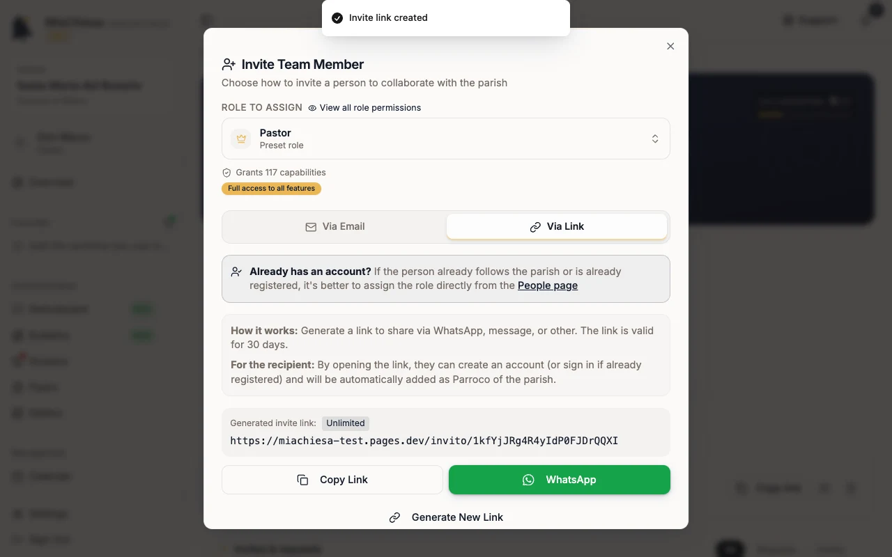 Generated invite link with the Copy Link button