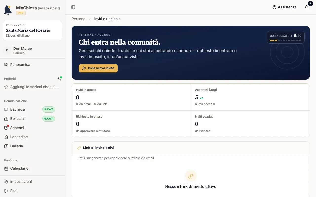 Pagina Inviti e richieste con il pulsante Invia nuovo invito