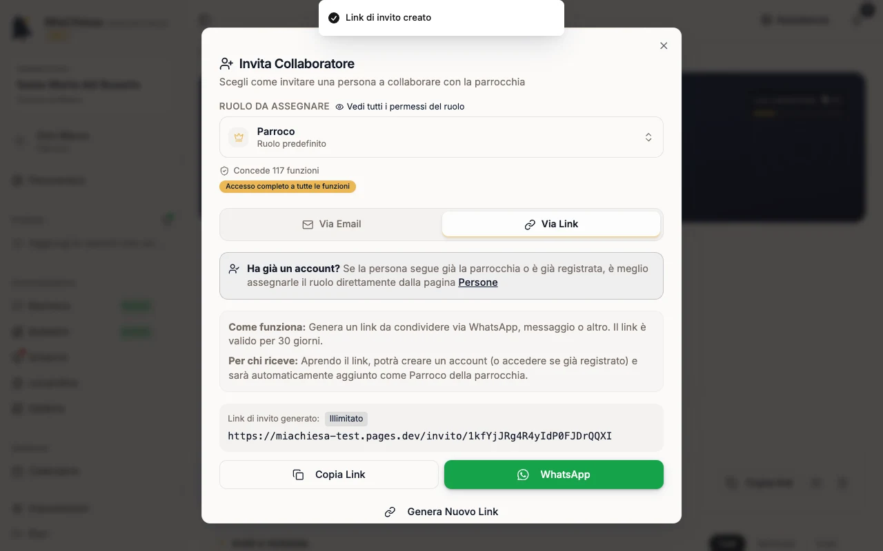 Link di invito generato con il pulsante Copia Link