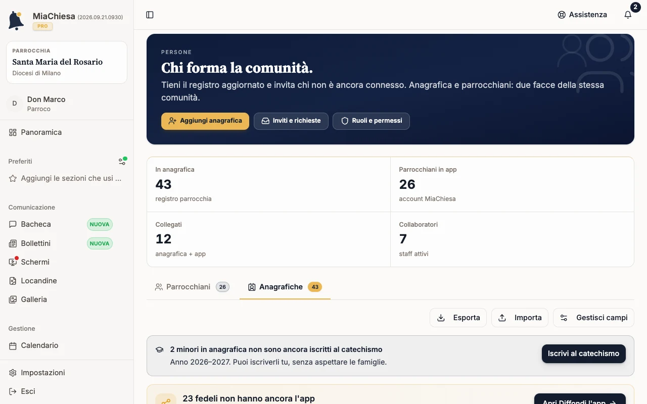 Anagrafiche con il banner dei minori non iscritti e il pulsante Iscrivi al catechismo