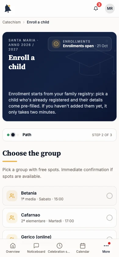 Catechism enrollment at the group selection step