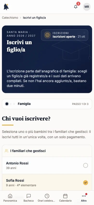 Iscrivi tuo figlio al catechismo: Seleziona Iscrivi un figlio/a