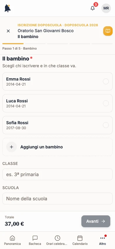 Primo passaggio Il bambino dell’iscrizione Doposcuola