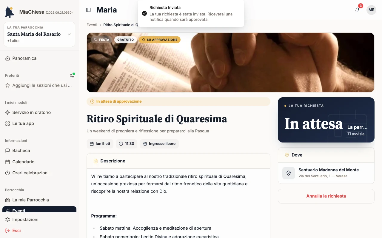 Evento con stato In attesa di approvazione e Annulla la richiesta