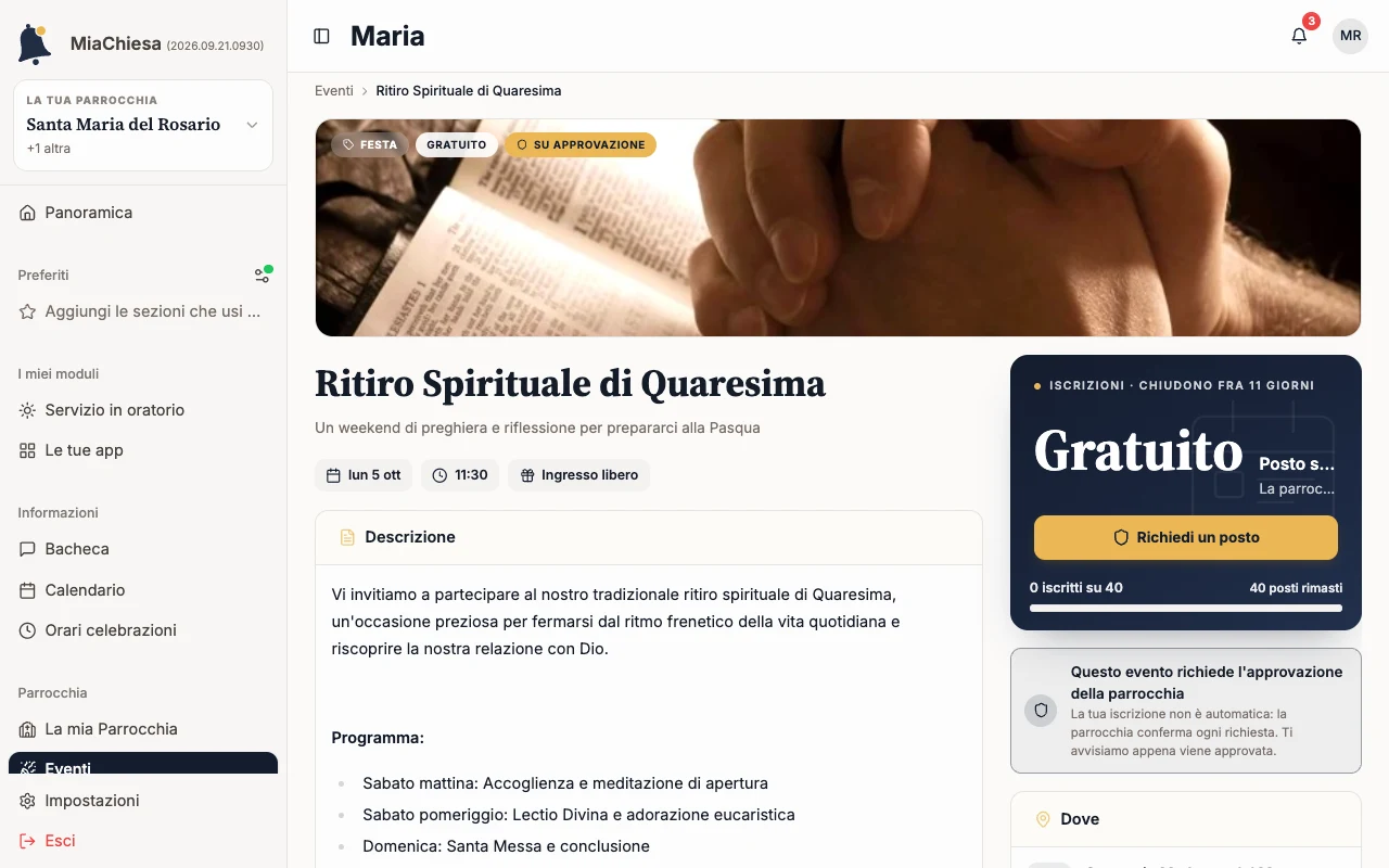 Pagina di un evento con il pulsante Richiedi un posto