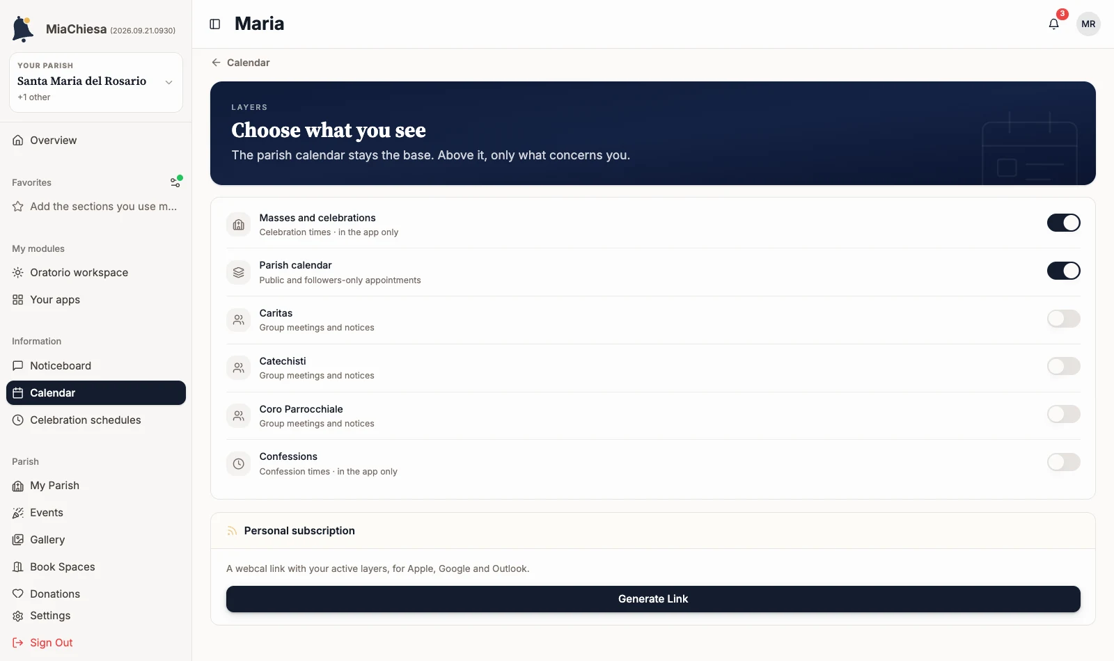 Choose what you see page with the layers and the Personal subscription section with Generate Link