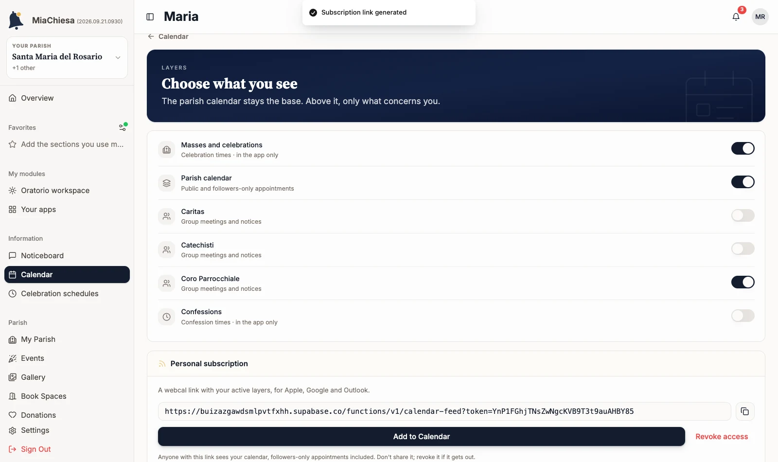 Personal subscription with the generated link, Add to Calendar and Revoke access