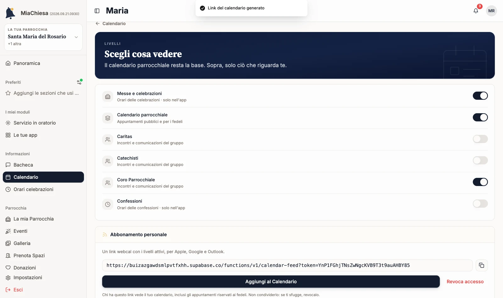 Abbonamento personale con il link generato, Aggiungi al Calendario e Revoca accesso