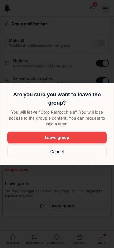 Are you sure you want to leave the group? confirmation