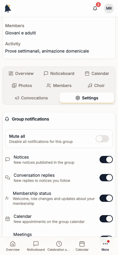 Group Settings tab with Group notifications