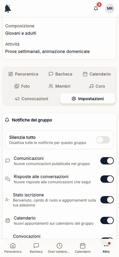 Scheda Impostazioni del gruppo con Notifiche del gruppo