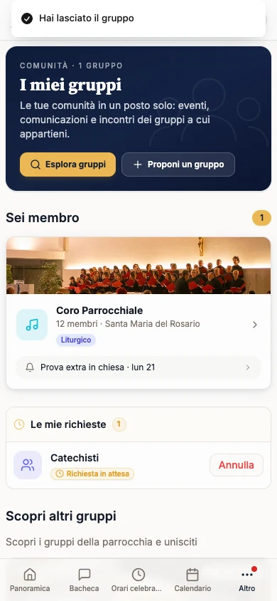 Messaggio Hai lasciato il gruppo sulla pagina I miei gruppi